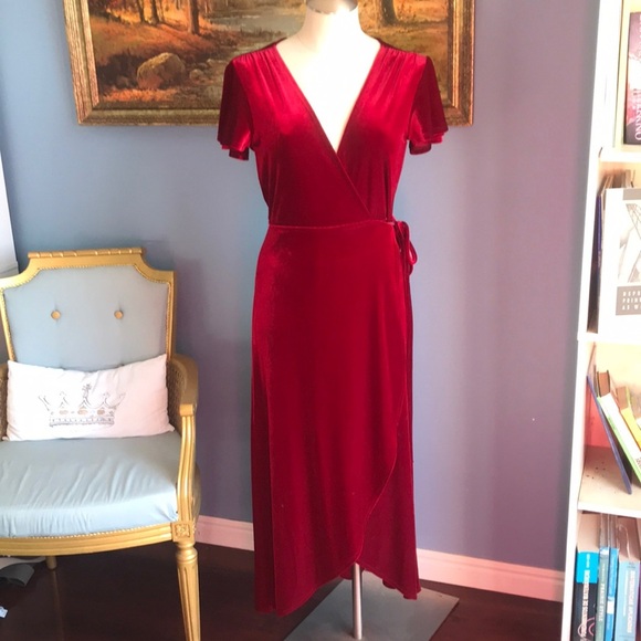 BHLDN Dresses & Skirts - BHLDN red velvet short sleeves asymmetric wrap dress witchy goth fairy holidays